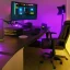 Placeholder: dark gamin room led lights monitors and chair cyberpunk style