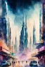 Placeholder: Dubai city view in fantasy cyberpunk style with famous tram, watercolour