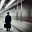 Placeholder: A young Asian man with long hair and a black trench coat waiting for a woman at a train station in Tokyo