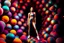 Placeholder: beautiful lady with todays modern clothing and sport shoes, in surreal stage made of fractal random size spheres with helical strip colors in clothing similar to environment full body posing to camera,animating background metallic random color cubes