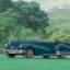 Placeholder: old cabriolet Cadillac front, de côté, metallic blue, in the green countryside with a beautiful blue sky