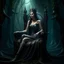 Placeholder: Morena Baccarin as a beautiful sexy dark elf queen seated elegantly on a throne in a mystical forest, dark celtic vignette frame, photo-realistic, cinematic lighting, award-winning photography