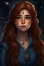 Placeholder: Femele halfling, olive skin, hazelnut eyes, long auburn hair, silver stars in hair, blue clothes, realistic style