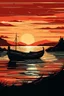 Placeholder: Delve into the tranquility of a coastal landscape art, featuring a fishing boat at a lake during sunset. The flat background style and darkly romantic illustration, in hues of dark amber and red, evoke a sense of serene beauty.