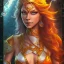 Placeholder: movie poster, A beautiful elf with cutter, pool and letah from elfquest(by Wendy and Richard Pin) with very long hair, orange robe, mummy sweater