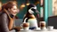 Placeholder: young woman talk to a penguin in coffee-shop