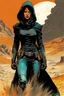 Placeholder: create a fine art print illustration of a rugged gritty, roughly textured, hooded, black clad and dusty Fremen female mercenary with highly detailed feminine facial features, amidst the billowing desert storms of Arrakis, in the comic book art style of Bill Sienkiewicz, and Jean Giraud Moebius, finely textured, drawn, colored, and inked,