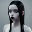 Placeholder: Jenna ortega black dress,soft goth libstick, wednesday addams family make up, long hair, brad double wig, addams family style, highly detailed, volumetric lighting, unreal engine, 8k