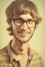 Placeholder: hippie young man with glasses of colours and poor and short short short and poor hair on the head with receding hairline. Farsightedness glasses with big eyes. Shirt beard in the head. Vintage look and feel like photo style-of the 70s