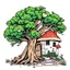 Placeholder: outline art for square twisted old oak tree mushroom cottage full vivid colored page for kids, classic manga style, anime style, realistic modern cartoon style, full color background, sketch style, only use outline, clean line art, no shadows, clear and well outlined