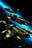 Placeholder: spacecrafts gold black blue, background space, stars,