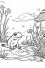 Placeholder: Outline art, frog in the garden, cartoon style, black and white, low detail, --ar 9:11