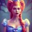 Placeholder: 3D close-up of a beautiful "Alice in the wonderland", sarcastic smile, high contrast, glowing backlighting, blue and red backlighting, vibrant hair, dark brown eyes, sharp focus, high makeup, medium face painting, background blur.