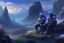 Placeholder: two medieval soldiers in armor sitting near rocks while looking at distant mountains with purple and blue distant mist and glowing mushrooms and plants around the soldiers