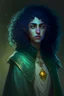 Placeholder: Female moon elf twilight cleric in a dark green robe with blueish curly hair and golden eyes