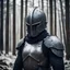 Placeholder: a strong man wearing iron knight war helmet, full face cover, standing in a cold and windy forest, head photo