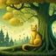 Placeholder: Drawing of a yellow cat sitting in front of a tree, the background is green, storybook illustration by Gediminas Pranckevicius, featured on deviantart, gothic art, magical fairy tale atmosphere, storybook illustration, dark and mysterious