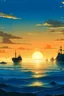 Placeholder: I want an image depicting a seascape with a sunset, a blue sky, and ships visible along the seaside. image size 1600 x 700 in a reality
