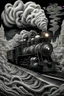 Placeholder: A steam train made of swirling smoke, with intricate patterns and designs on the locomotive's body. The artwork uses focus stacking and digital art techniques to create a surreal and detailed background. The dark, white and gray style depicts hyperrealistic sculptures and hyperdetailed illustrations of surreal and dreamy landscapes in the style of hyperphotorealism. Silver, black and grey colors are used.