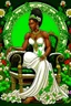 Placeholder: Create a digital airbrush cartoon of a curvy African American female sitting sideways on a queen throne. She is wearing a white shiny gown with white heels. Prominent make up with brown eyes. Highly detailed black and off-white braids in her hair. The braids are flowing all directions with a crown on her head. Background of green, black and red flowers surrounding her