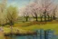 Placeholder: amazing sunny spring day, trees, flowers, fence, little pond, philip wilson steer impressionism painting