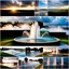 Placeholder: camera captures full scene of where 12 fountains in a small sea shoot water jets in sky and splashes of water ,in country side,pretty cloudy sky ,moving clouds and godrayes .