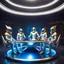 Placeholder: (masterpiece, best quality, 8k, RAW photo, beautiful and aesthetic:1.2), complex detail, Indirect light, photorealistic, (((full body))), Meeting of a group of Cosmic male gods smiling, Mixed, sci-fi and cyborg outfit with golden futuristic artifacts, white, blue and silver elements- Inside a great room of a flying saucer with a round hublot showing a galactic sunset