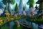 Placeholder: Immersive​ fantasy elven town city in the deep forest with ancient elder tree beautiful blossom nature river 4k full hd