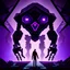 Placeholder: a giant geometric hypermodern black and purple neon bipedal robot with 1 ominous hexagonal eye staring at a person roaming in a monochrome black world