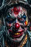 Placeholder: ultra detailed and highly realistic image of a gothic, scary clown, close up of him standing in the rain, the rain messed up his face makeup as it smudged of his face, chaotic, dramatic upclose view, 32k, splatter paint style