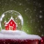 Placeholder: beautiful christmas snow globe inside a room with green walls and christmas wallpaper with snow fall in the window and in the snow globe, bright light shining through the snow globe with christmas elements inside