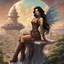 Placeholder: exotic sci-fi steampunk pin-up girl, with long dark hair and wings, on an alien planet with cloud trees, tall spires, buildings, bridges, arches