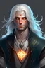 Placeholder: Baldur the young powerful sexy norse god of eternal light and truth and wisdom with white hair and eyes is a model for clothing brands full outfit