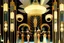 Placeholder: Inside an Art Deco Opera foyer, with mirrors and brass sconces, incandescent, gleaming, people in extravagant costumes by artist "Erte"