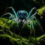 Placeholder: A mesmerizing, full-body illustration of a delicate, translucent, nocturnal alien spider, large eyes having illuminated slit pupils, its body adorned with bioluminescent spores and lichens in a fungal fractal pattern, in a dark, wet cave, dimly lit by the glow of phosphorescent moss and fungi, bringing to life the splendor of this amazing species in its pristine, extraterrestrial habitat, misty, raining, wet, glossy, ultra-detailed, intricated details, cinematic alien background, fungal art, ear