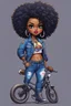 Placeholder: create an pop punk illustration of a chibi cartoon voluptuous black female wearing a blue jean outfit with a tie dye tshirt with biker boots. Prominent make up with hazel eyes. Extremely highly detail of a tight curly black and shiny afro. Background of a bike show