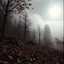 Placeholder: Close-up Ilford photograph of a creepy surreal landscape, autumn, eerie, no style, dead leaves, very surreal, trees, spooky, metaphysical objects, giant sun, intricate, thoughtful, appalling, mountain rocks, deep 3d field, 8k, hypermaximalist, lot of fog