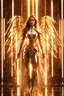 Placeholder: Photograph beautiful Angel woman armor long hair stand face front in impact picture,translucent and glowing metallic patterns,glowing metal objects hovering in the air and surrounding him,Electric arcs and sparks,flow of energy,translucent magnetic lines,golden and shimmering light effects