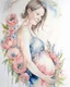 Placeholder: portrait, watercolor, fine drawing, Pregnancy, flowers,