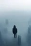 Placeholder: A hooded figure In the fog standing on city high tower building looking down below to the big crowded city buildings
