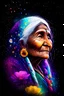 Placeholder: watercolor of Old indian Woman Baba jaga Portrait with beautyful Flowers, black background, vibrant splashes of colorf, cinematic lighting, 8k resolution, rainbow space, stars, cosmic space,