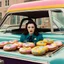 Placeholder: [psychedelic movie by Wes Anderson] Kat Dennings as a policewoman in a car with donuts, vintage 1970's photo