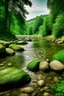 Placeholder: gambarkan pemandangan alam persawahan di tepi sungai bebatuan yang menyejukkan mata yang seperti keadaan nyata