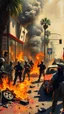Placeholder: Bosh painting style nightmare, A riot broke up in the streets , a lot of masked people are fighting with police . Smoke and fires in the store and burning cars in Los Angeles