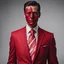 Placeholder: a man wearing a red suit with a red tie who is missing the skin on his face