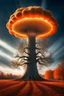 Placeholder: a tree in the fall that looks like a nuclear explosion's mushroom cloud, with energy lines radiating outward but behind, angelic fantastic lighting