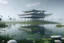 Placeholder: future fold form Iranian beach house with void under mass of building in the marsh, Water lily on water surface wealth of flora, with dancing performance, fog and rain