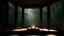 Placeholder: meditation rood podium , meditation minimalistic corner. design wood, View from large bay windows throughout from the large bay windows extends through the jungle forest. night landscape. The fragrant smoke of meditation wakes me up in my dreams.