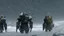 Placeholder: 3 Warriors in blizzard, from behind, comic style