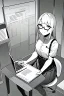 Placeholder: girl with glasses works on a laptop sitting in a cafe, line arts, greyscale